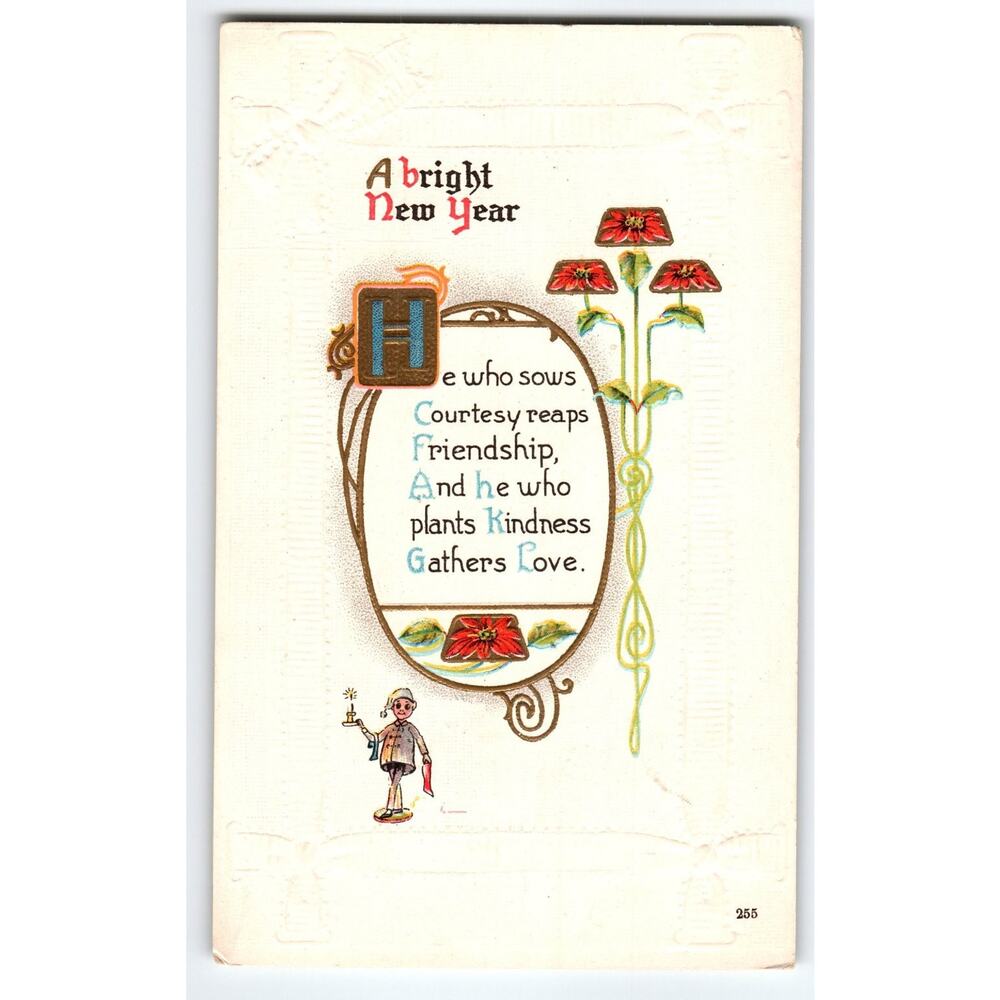 Vintage 1916 Embossed New Year Postcard with Kindness Poem & Poinsettias